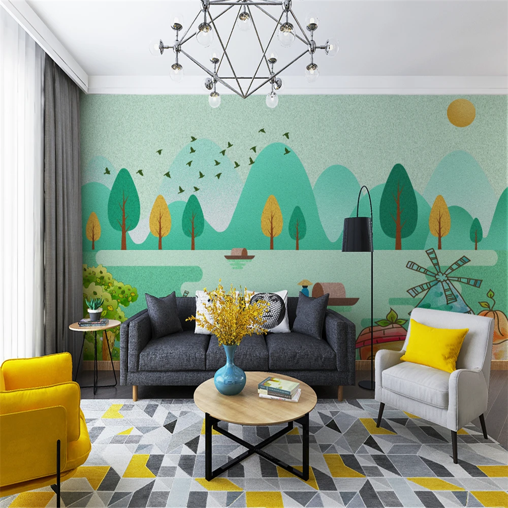 Custom 3d wallpaper modern cartoon forest bird creek castle fisherman TV background wall - silk waterproof material Custom 3d wallpaper modern cartoon forest bird creek castle fisherman TV background wall - silk waterproof material