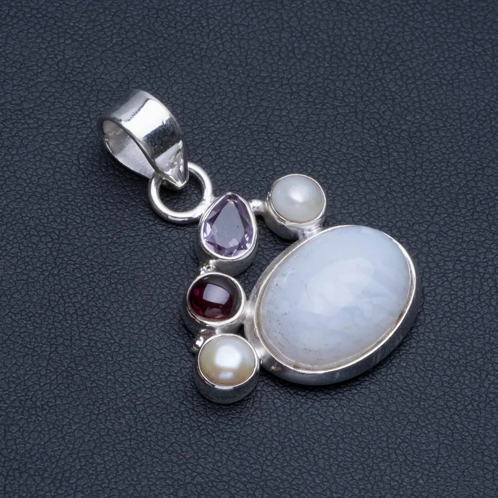 

Natural Agate,Amethyst and River Pearl Boho Style 925 Sterling Silver Pendant 1 1/2" R0517