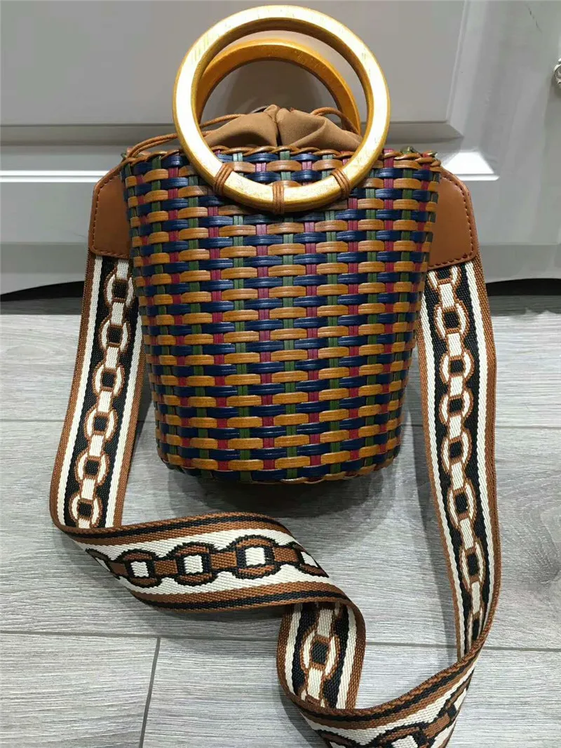

100% handmade weaved woman grand basket bucket hand bag leather weave summer beach travel leather handbags