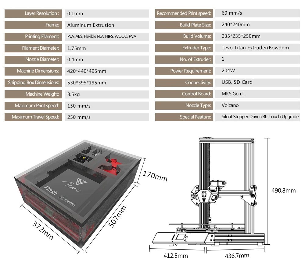 TEVO флэш-TEVO 3d принтер алюминиевый экструзионный 3d печать предварительно построенный 50% 3d принтер Titan экструдер стабильная и быстрая 3D печать