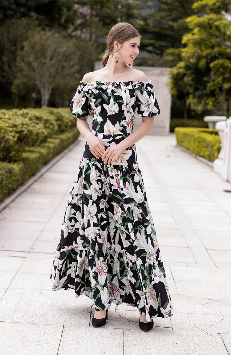 Svoryxiu Элегантное летнее макси платье для подиума женское платье с цветочным принтом лилии с открытыми плечами повседневное длинное платье vestdios