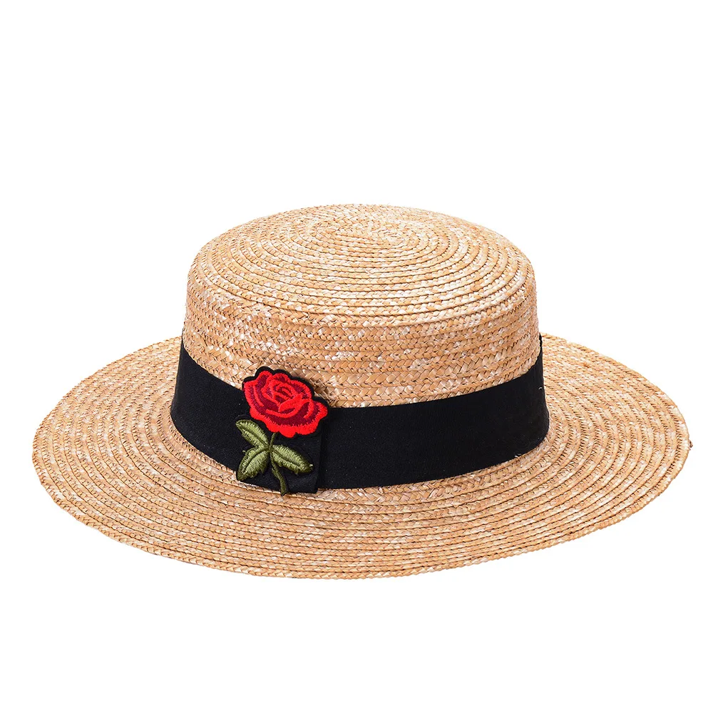 WeMe Straw Hat with Flat Top Summer Outing Beach Straw Hat With Lace and Bowknot