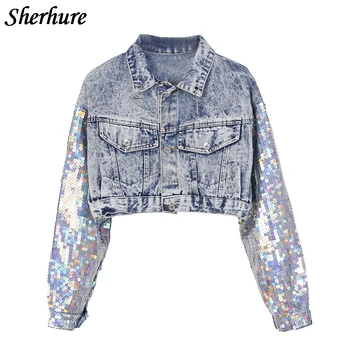 

2019 Chic Design Punk Style Women Spring Jacket Coat Sequins Sleeve Women Denim Long Jacket Coat Crop Tops Abrigos Mujer