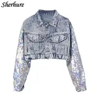 2019 Fashion Design Punk Style Women Spring Jacket Coat Sequins Sleeve Women Denim Long Jacket Coat Crop Tops Abrigos Mujer