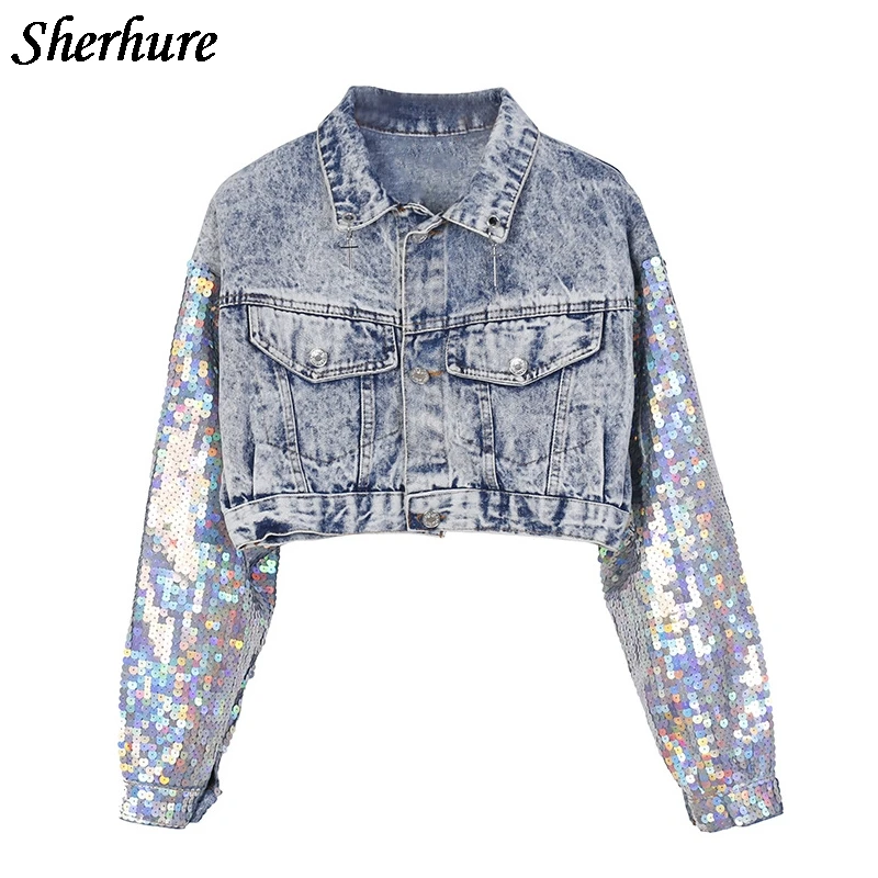 discounted  2019 Fashion Design Punk Style Women Spring Jacket Coat Sequins Sleeve Women Denim Long Jacket Coat