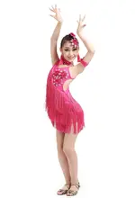 New girls tassel latin dance dress children yellow/red sequined tango/rumba costumes practice dress dance competition costumes