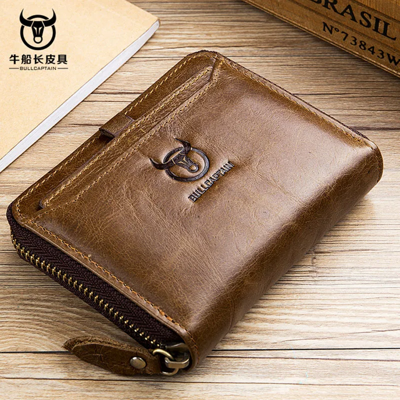 BULLCAPTAIN Men Wallet Cowhide Leather Coin Purse Card Holder Pocket Wallet 2018