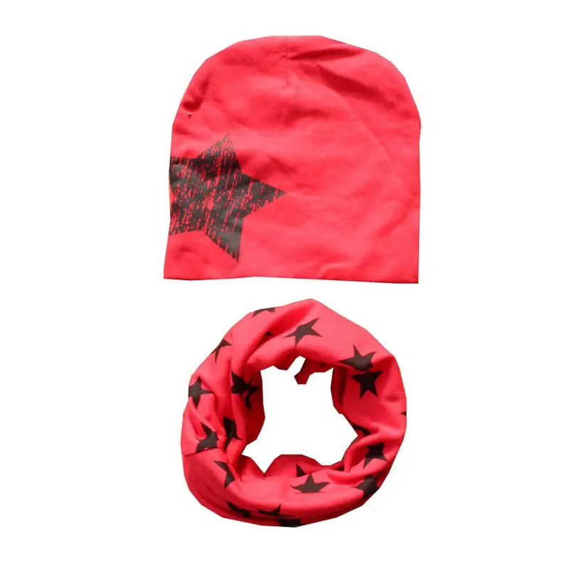 Осенне-зимняя шапка+ шарф для детей ясельного возраста, весенняя одежда, аксессуары, принт со звездой, мягкие хлопковые шапки, наборы шарфов - Цвет: Красный