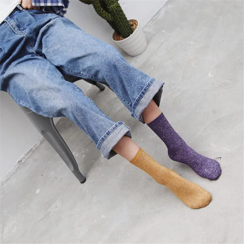 Яркие блестящие женские носки в стиле хараджуку, модные забавные однотонные блестящие носки, женские дышащие хлопковые носки, хипстерские носки, Meias