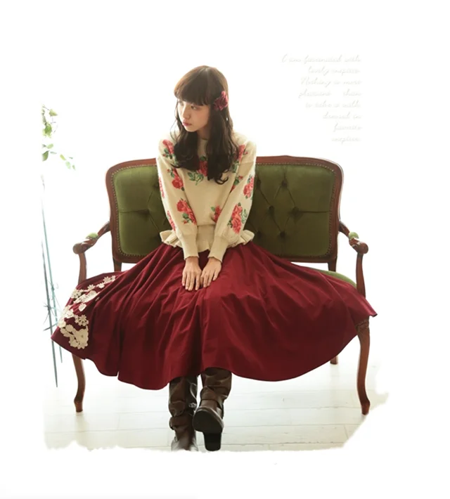 

Forest Women Big Swing Spring Skirt Mori Girl Princess Embroidery Skirt Pleated Novelty Elastic Waist Cute Lolita Skirts Saia