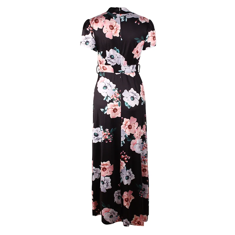BBYES 3 Colours Autumn Fashion Women Floral Print Belt Stand Collar Short Sleeve Long  Dress Floral Casual Beach Print Dresses