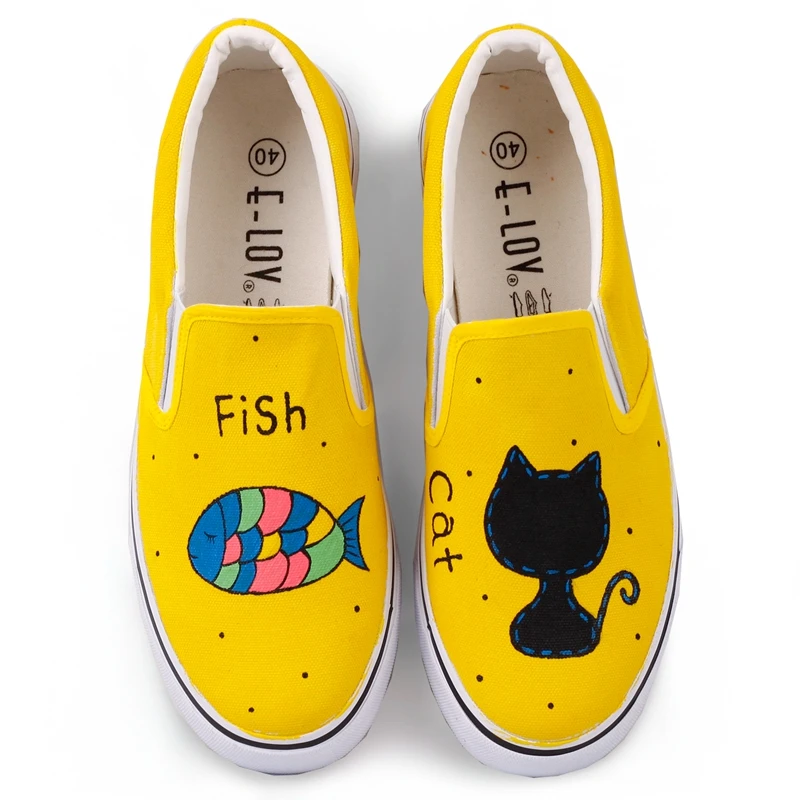 

Cat Hand-painted Cute Canvas Women Unisex Shoes Cartoon Animal Shallow Flats Slip-On Yellow Young Original Design Girls