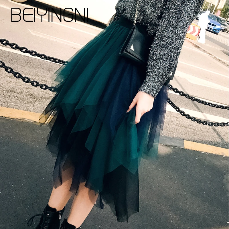

Beiyingni Tulle Skirts Womens Adult Dance Tutu Skirt Elastic High Waist Pleated Midi Skirt Jupe Saia faldas Vintage Party Skirts
