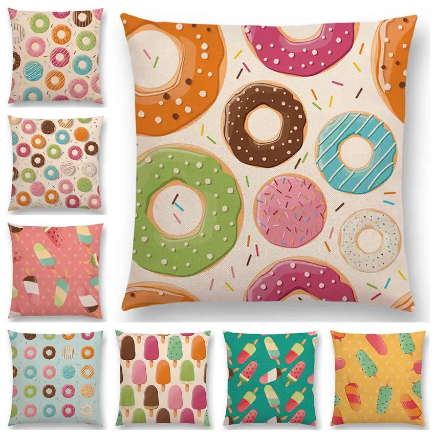 

Colorful Prints Cushion Cover Chocolate Candy Donuts Pretty Ice Cream Pattern Color Party Sofa Throw Pillow Case Decor