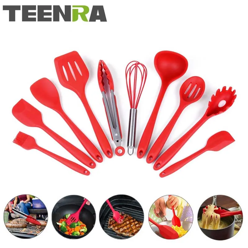 red silicone kitchen utensils set