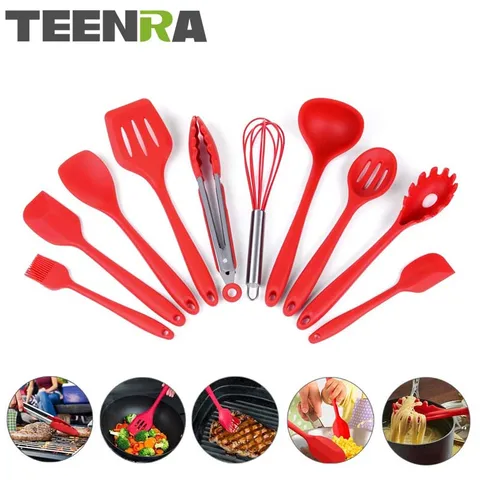 Utensílios de Cozinha Conjunto de Ferramentas de Cozinha Colher de Cozinha Resistente ao Calor Ferramenta de Cozinha Teenra Vermelho Silicone Concha Fenda Turner Clipe 10 Pçs