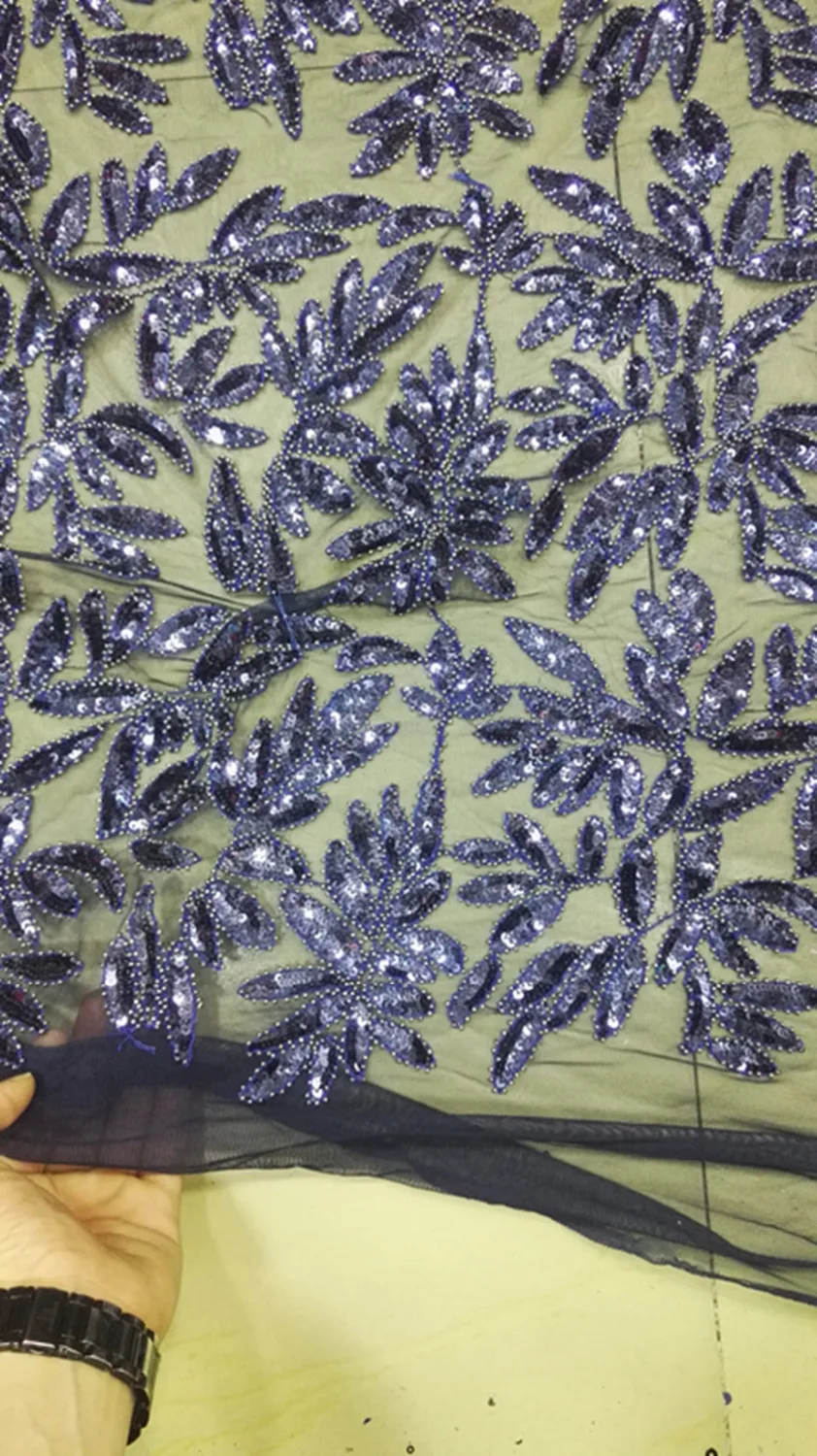 

5 yards beads sequin dobby navy blue emboridery french lace for wedding dress/evening dress/fashion show,ship by dhl