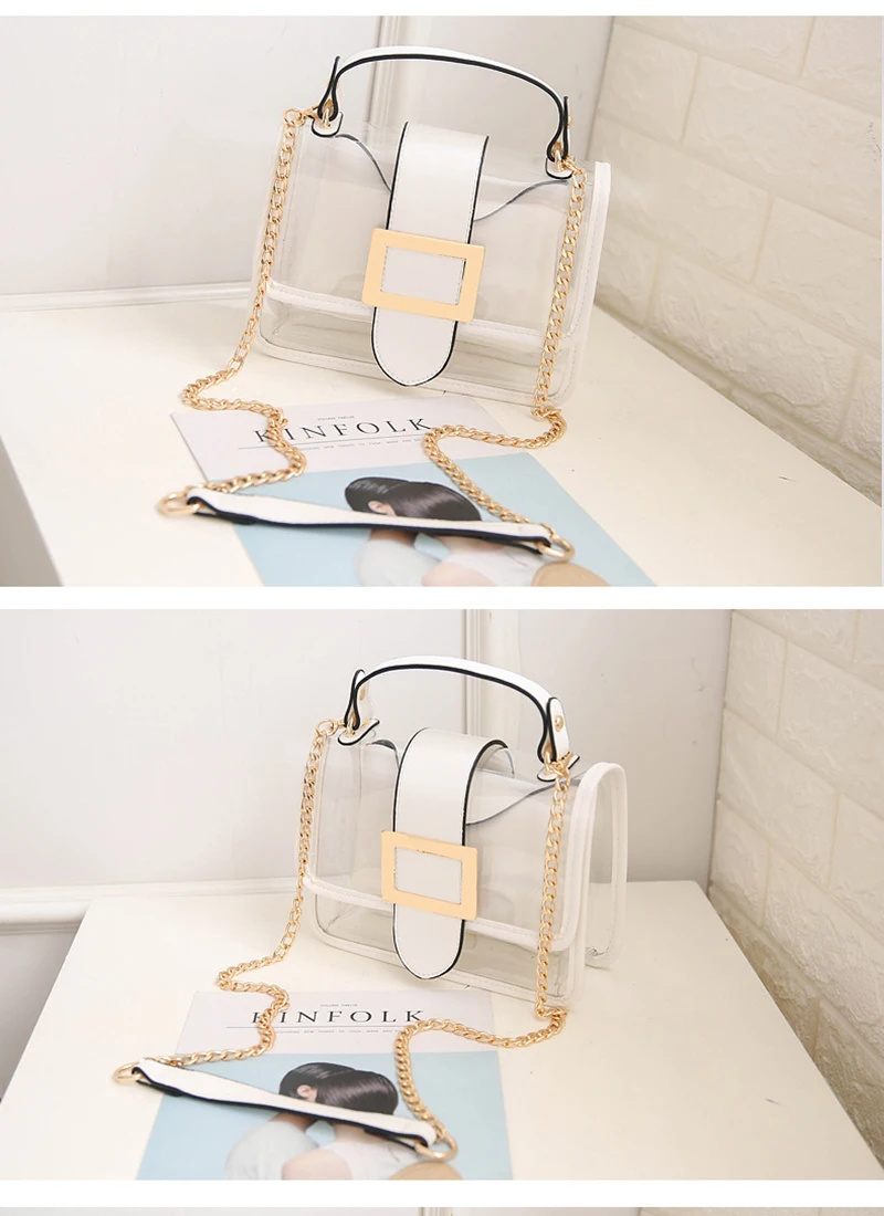 Женская прозрачная сумка через плечо с цепочками из искусственной кожи, прозрачная сумка для отдыха, модная сумка через плечо, сумка-мессенджер с заклепками