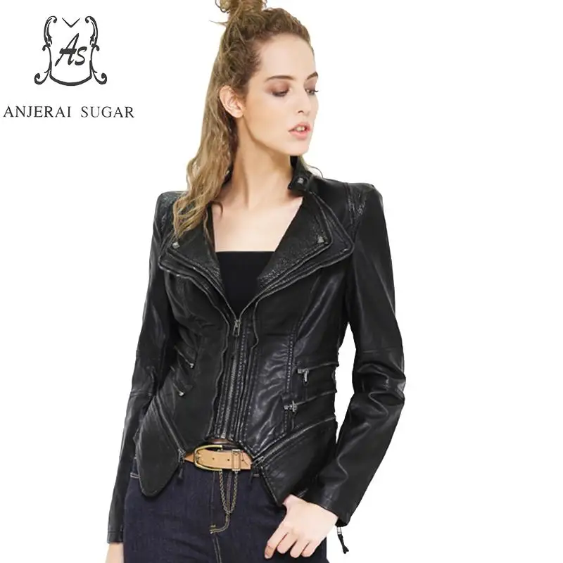 2017 spring autumn PU Leather jacket Women coat Black