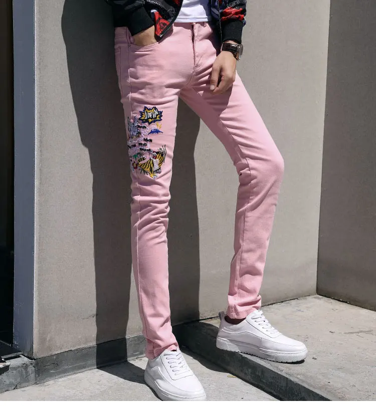 Fashion Streetwear Mens Jeans Slim Fit Elastic Punk Pants Hip Hop Jeans Embroidery Denim Trousers Men Pink Yellow Green Color