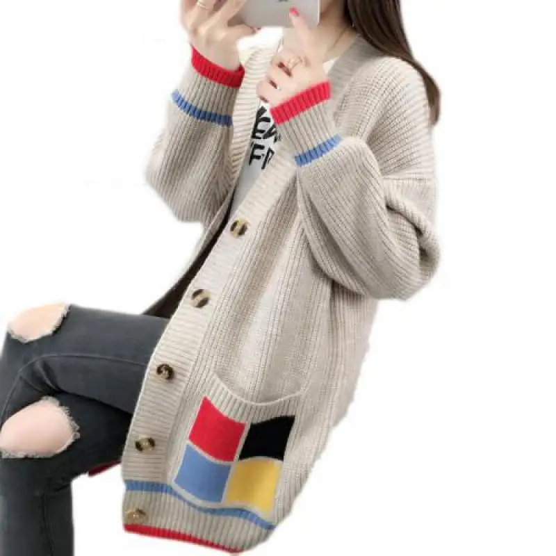 

Autumn Womens Witty Popular Sweater Coat 2019 New Females Fashion Pocket Blue Patchwork Loose Knimtting Medium Length Sweatar