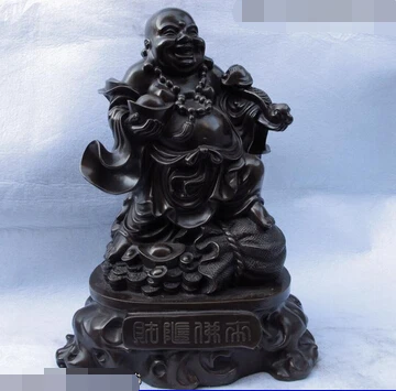 

S07155 Chinese Copper Bronze Lucky YuanBao RuYI Coin Maitreya Rohan Monk Buddha Statue