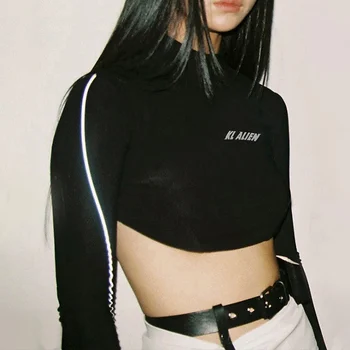 

Reflective Logo Cropped Tops Slim Female T-shirt Solid Black Women's Turtleneck T shirt Sports Long Sleeve T-shirts For Women