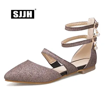 

SJJH 2018 Woman Gladiator Sandals with Pointed Toe Flat Heel Bling Comfortable Footwear Casual Elegant Shoes Large Size A447