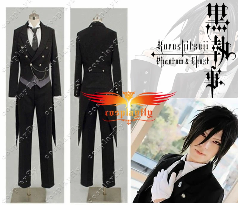Black Butler 2 Kuroshitsuji Sebastian Cosplay Costume + Short Black Cosplay Wig