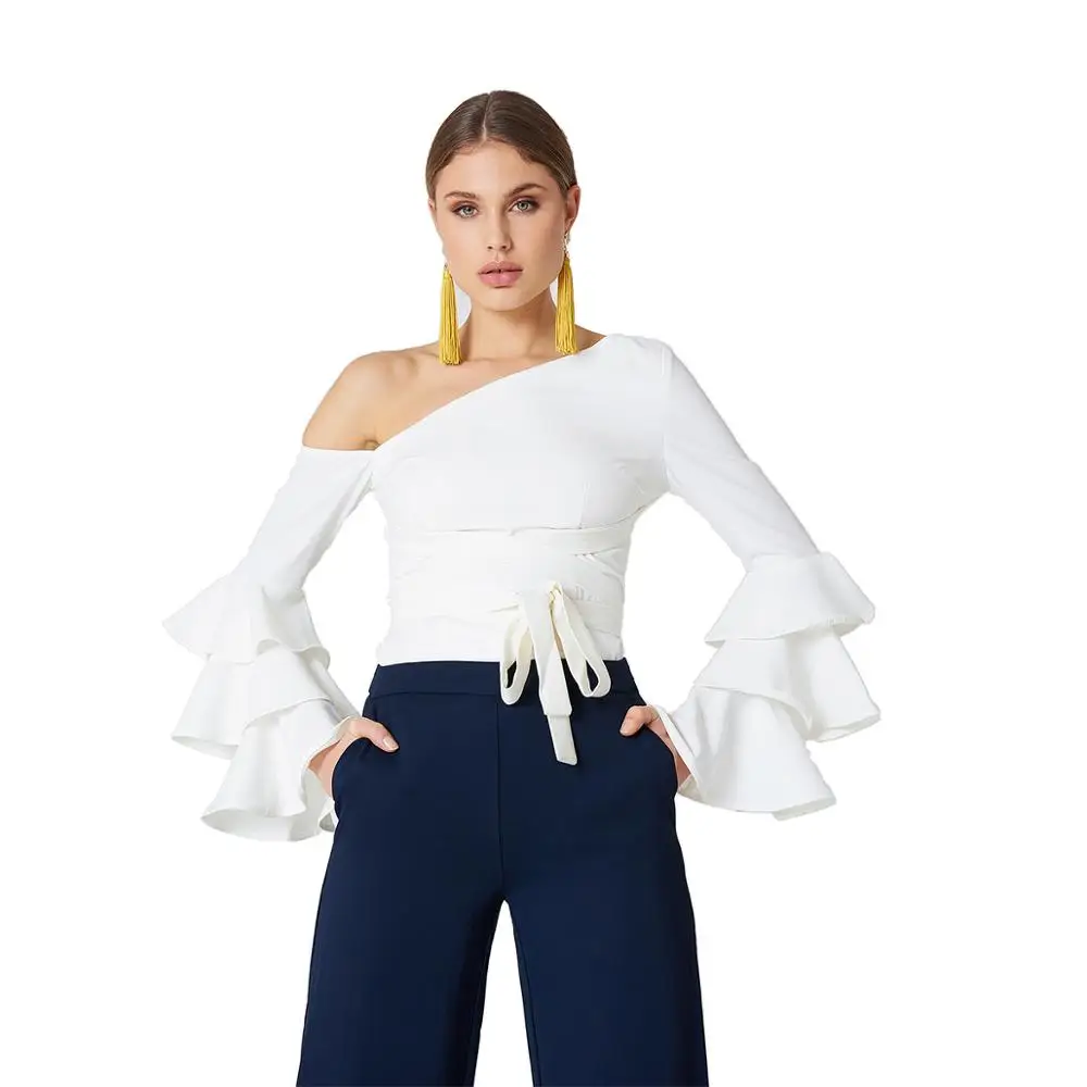 

MINSUNDA Layered Flare Sleeve One Shoulder Asymmetric Top Women White Self Belted OL Work Slim Blouse Summer Ruffle Party Blouse