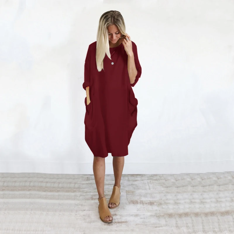 

Woman Dress 2019 Spring Summer O-Neck Casual Ladies Large Size Dress Casual Loose Pocket Women Summer Dress Plus Size Clothes
