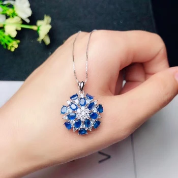 

natural blue sapphire gem Pendant natural gemstone pendant necklace S925 silver Fashion Luxurious Sun flower girl gift jewelery