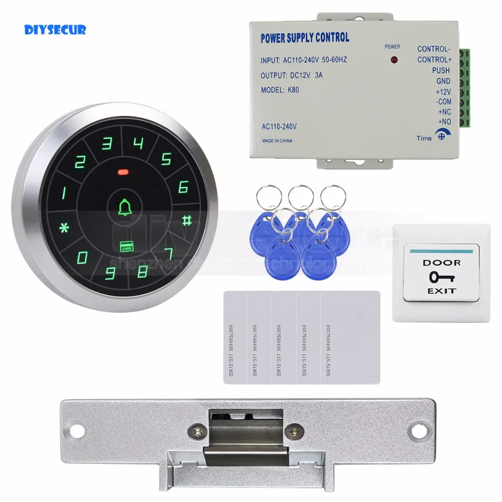 DIYSECUR Access Control System 8000 Users 125KHz RFID Reader Password Keypad + Electric Strike Lock Door Lock Security Kit