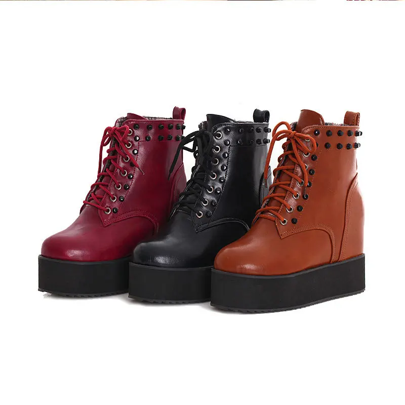 

New Spring/Autumn round toe lace-up and rivets boots solid color wedge heeled boots comfortable and fashion ankle boots D3478