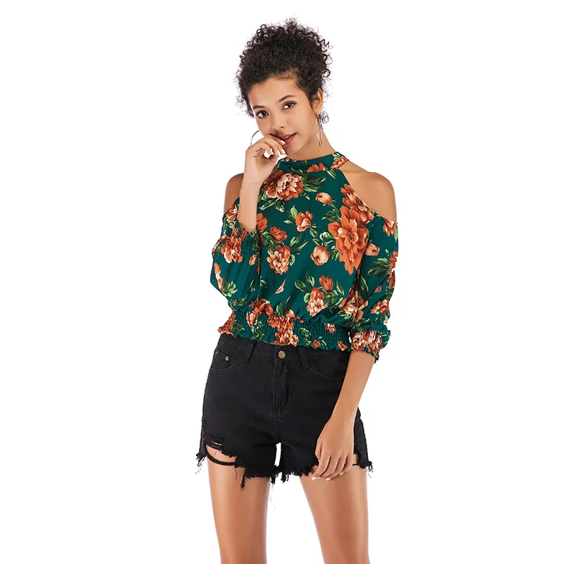 

Spring and Summer New Printed Shirts Street Trade European and American Hacks Sexy Shoulder Repair Snow Spinning Women Shirts