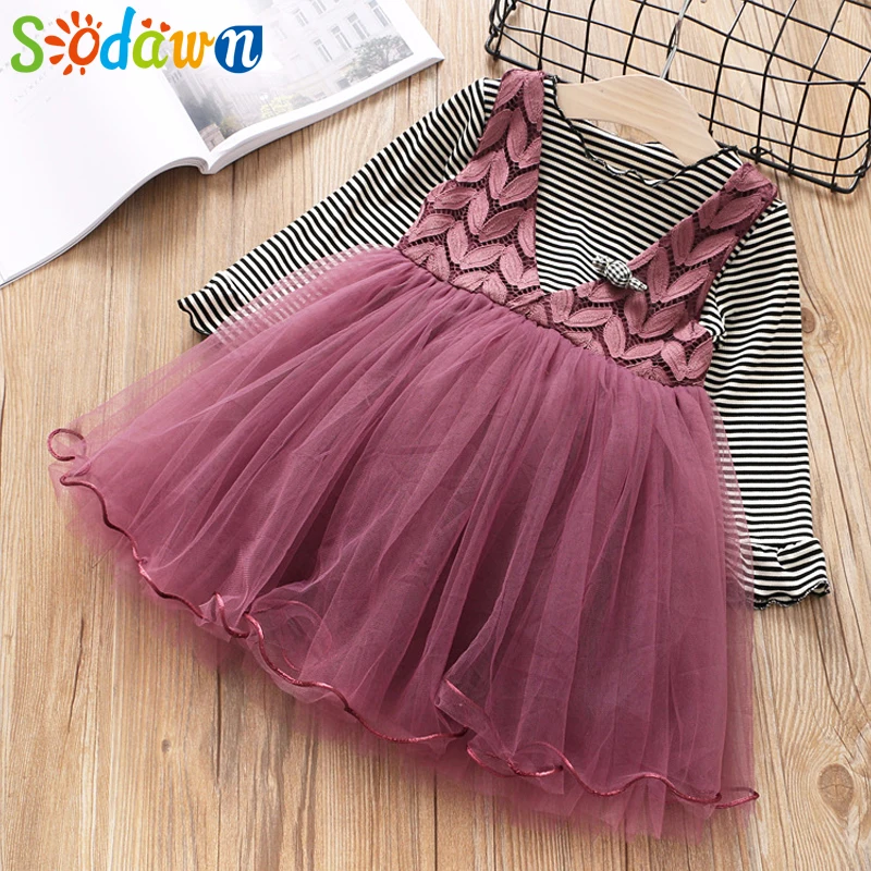 

Sodawn 2019 Spring New Striped Mesh Stitching Dress 2-6 Y Girls Clothes Lace Sleeve Fashion Princess Dress Children Clothing