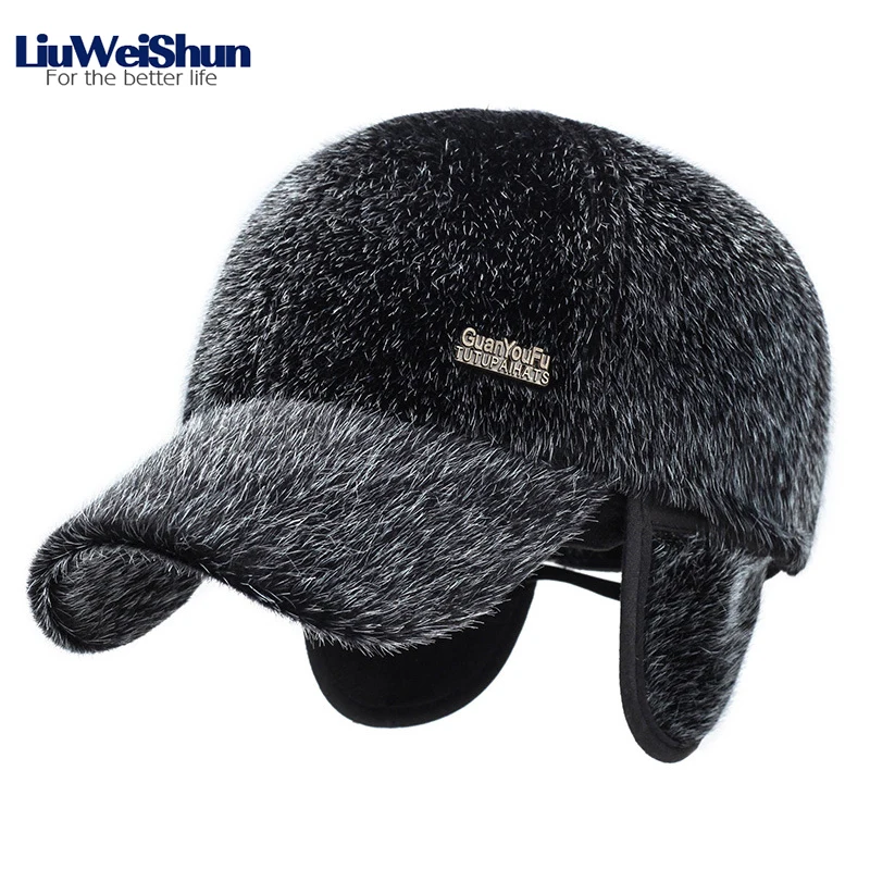 Billige Klassische Casual Faux Pelz Baseball Kappe Hüte für Männer Winter Männlichen Verdicken Warme Pelz Caps Mit Ohrenklappen Russland Outdoor Dad schnee Hüte