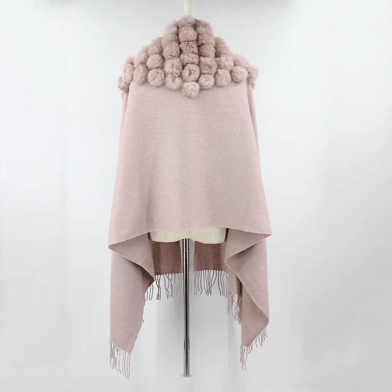 100% sheep fur cashmere shawl with real rabbit fur balls (9)