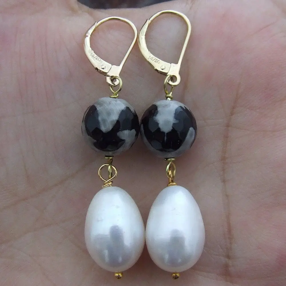 

FC082414 10MM Gems 10x15MM White Rice Pearl Earrings GP Lever Black