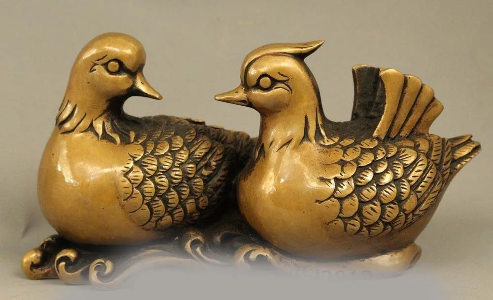8" Folk Chinese Bronze Copper 2 Love Bird Mandarin Duck Aix