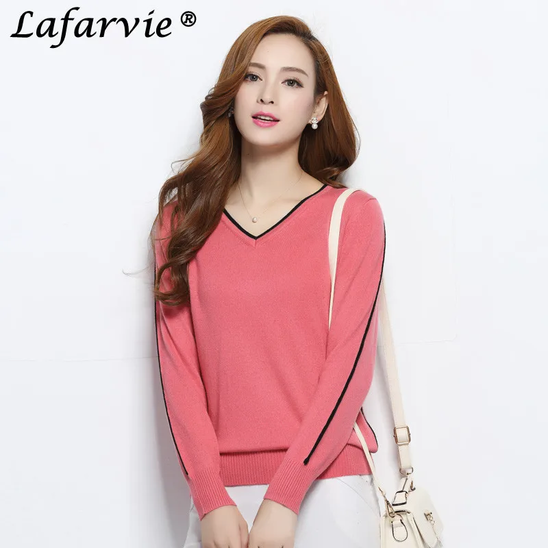 Lafarvie Hot Spring&Autumn Fashion Casual Cashmere Blended Full Sleeve V-neck Sweater Women Pullover Pull Femme Jumper Sweter 