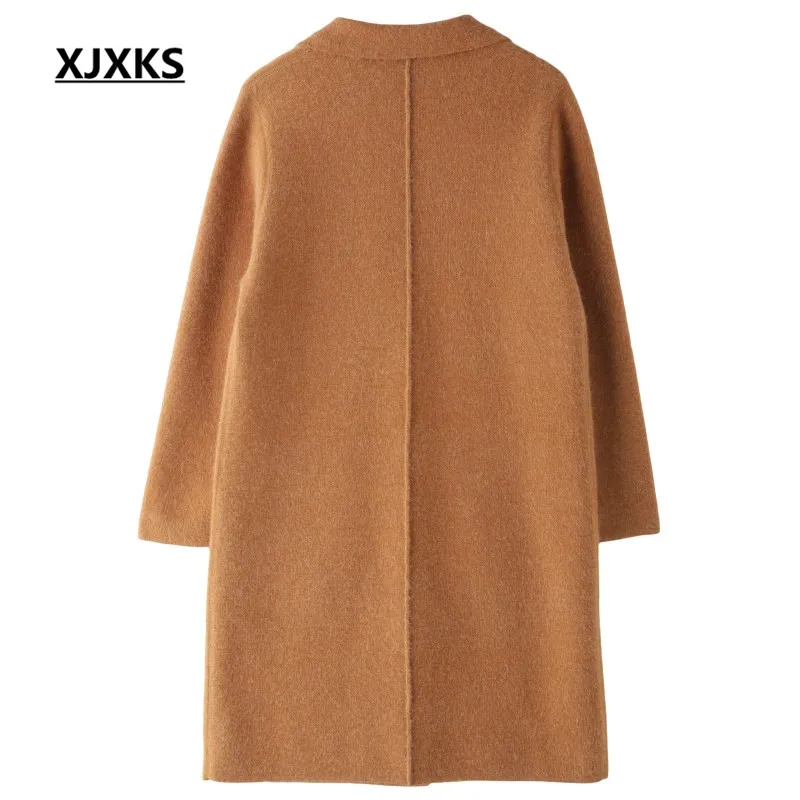 XJXKS повседневное женское Шерстяное Пальто осень и зима полушерстяное вязаное Женское пальто на одной пуговице с карманами