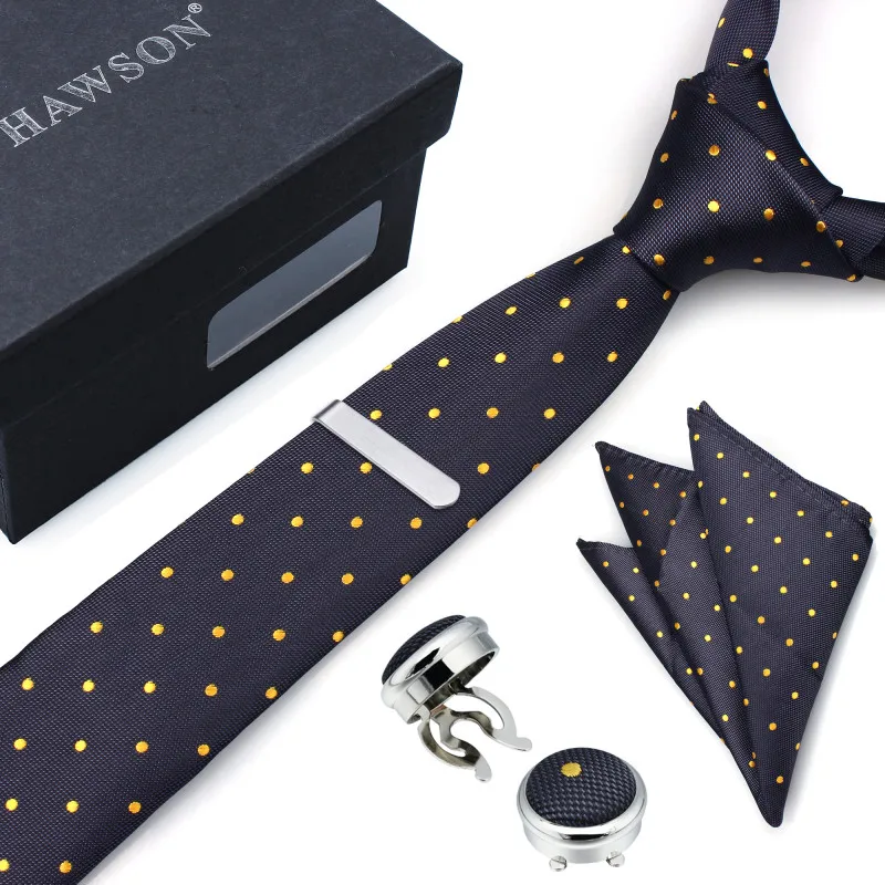 

HAWSON Fashionable Men's Necktie Set with Pocket Square Tie Clip Button Cover Cuff-links in Gift Box Hot Selling in 2019