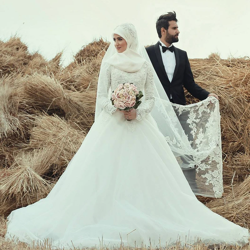 Bridal Dress Wedding Dress font b Hijab b font Lace Long Sleeve Ball Gown Pearls Beaded