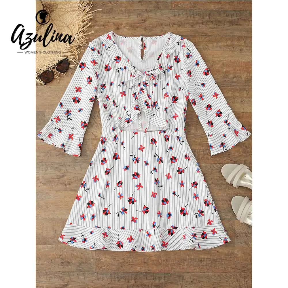

ZAFUL Flare Sleeve Flower Striped Bowtie Dress Summer Women Dress Girls V Neck Ruffles Cut Out Sundress Beach Dresses Vestidos