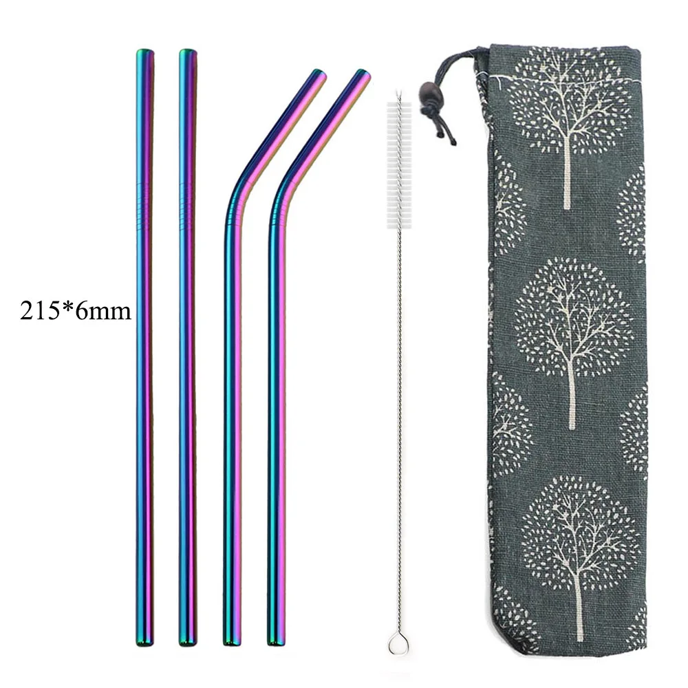 Eco-Friendly 4-Piece Reusable Stainless Steel Straw Set with Cleaning Brush