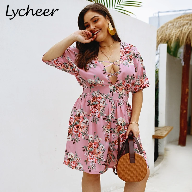 

Lycheer Plus size bohemian floral print women jumpsuit romper Summer beach casual playsuit Sexy big size high waist boho overall