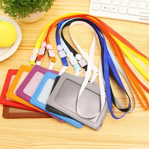 

5pcs/lot Bank Credit Card Holders PU Leather Neck Strap Card Bus ID holders candy colors Identity badge lanyard wholesale S19040