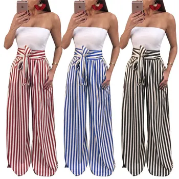 

Vadim Flat High Canvas Sweatpants Trousers Women Real Polyester Cotton Wide Leg Pants Drawstring 2019 New Style Casual Striped