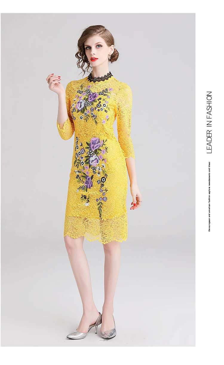 Trytree летнее элегантное платье-футляр с цветочной вышивкой, женские кружевные платья длиной до колена, повседневные желтые платья-Русалка